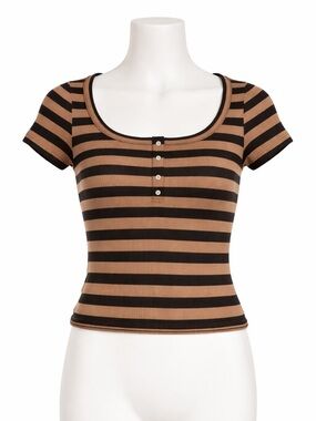 Treasure & Bond Ribbed Stripe Henley Top M Brown Black 90s Baby Tee Grunge